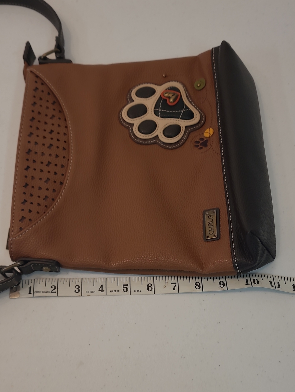 Dog Lover's Chala Paw Accent Vegan Brown/Black Crossbody Bag Adjustable Strap - Picture 7 of 16